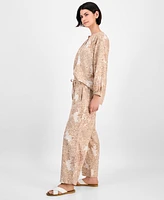 Nautica Jeans Women's Tile-Print Linen-Blend Wide-Leg Pants