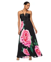 Xscape Women's Floral-Print Pleated Halter Gown