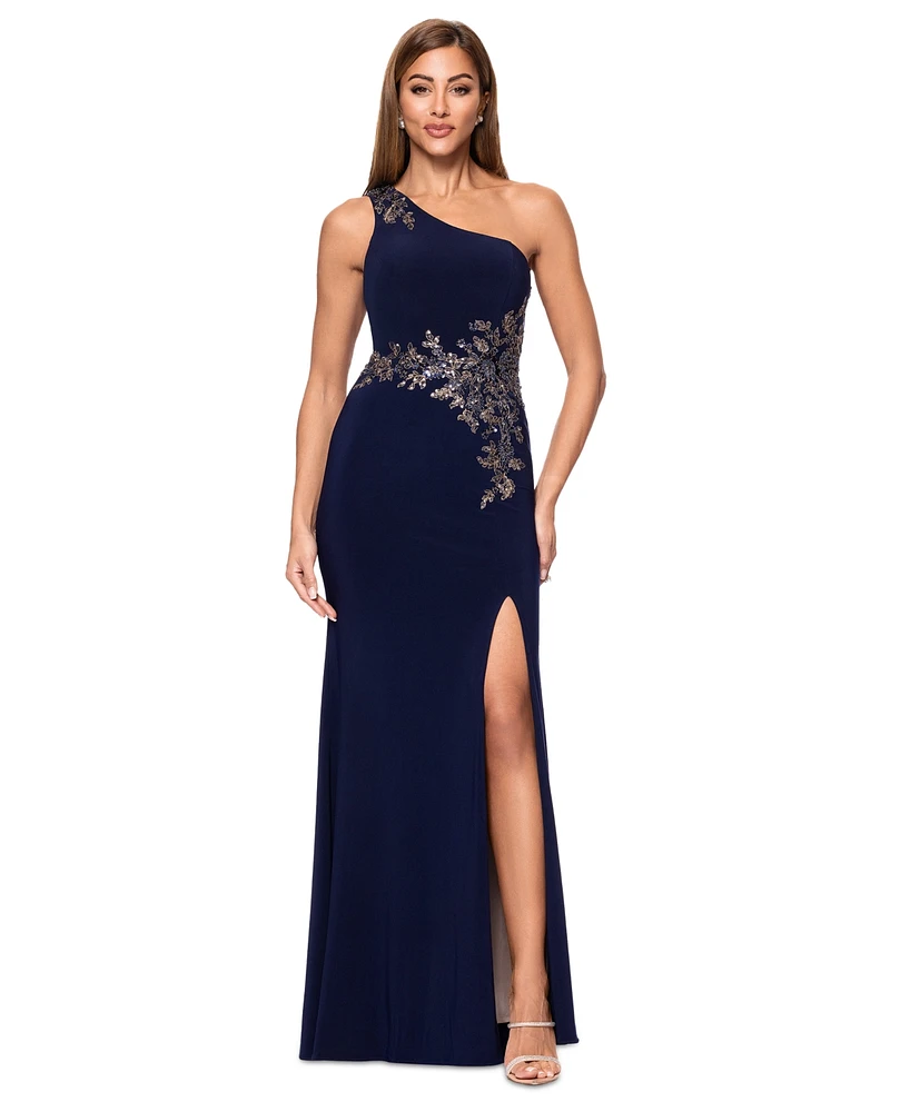 Xscape Women's Applique One-Shoulder Gown