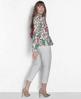 Tommy Hilfiger Womens Floral Print Long Sleeve Blazer Johnny Collar Polo Sweater Cropped Elastic Back Sloane Ankle Pants