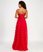 B Darlin Juniors' Lace Ruffled Sweetheart Sleeveless Gown