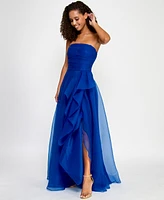 B Darlin Juniors' Asymmetric Drape Strapless Ball Gown