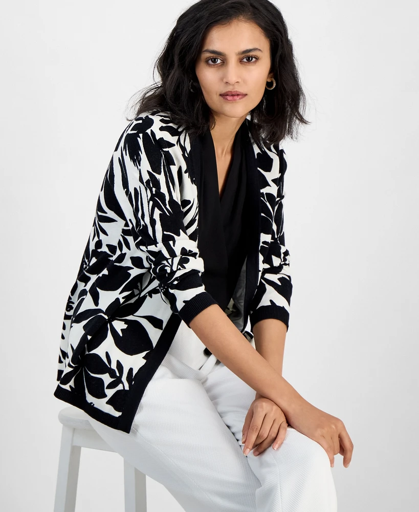 Kasper Women's Printed Open-Front Long-Sleeve Cardigan