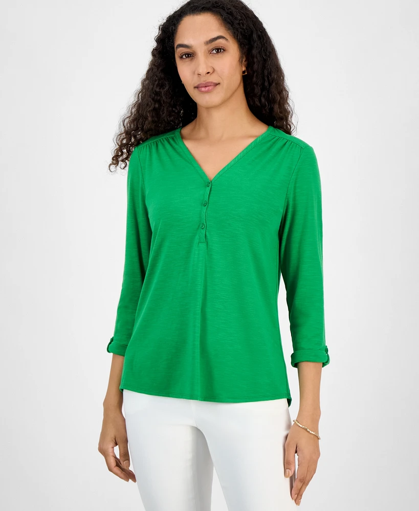 Kasper Women's Draped Cuffed-Sleeve Henley-Neck Top