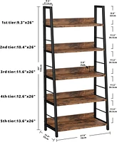 Industrial Bookcases, Ladder Shelf 5 Tiers with Metal Frame