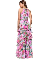 Xscape Women's Floral Chiffon Ruffled Tiered Halter Gown