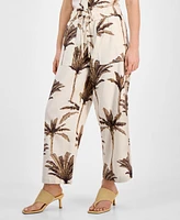 Nautica Jeans Women's Palm-Print Linen-Blend Wide-Leg Pants