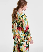 Jm Collection Women's Printed Satin V-Neck Long-Sleeve Top, Exclusively at Macy's