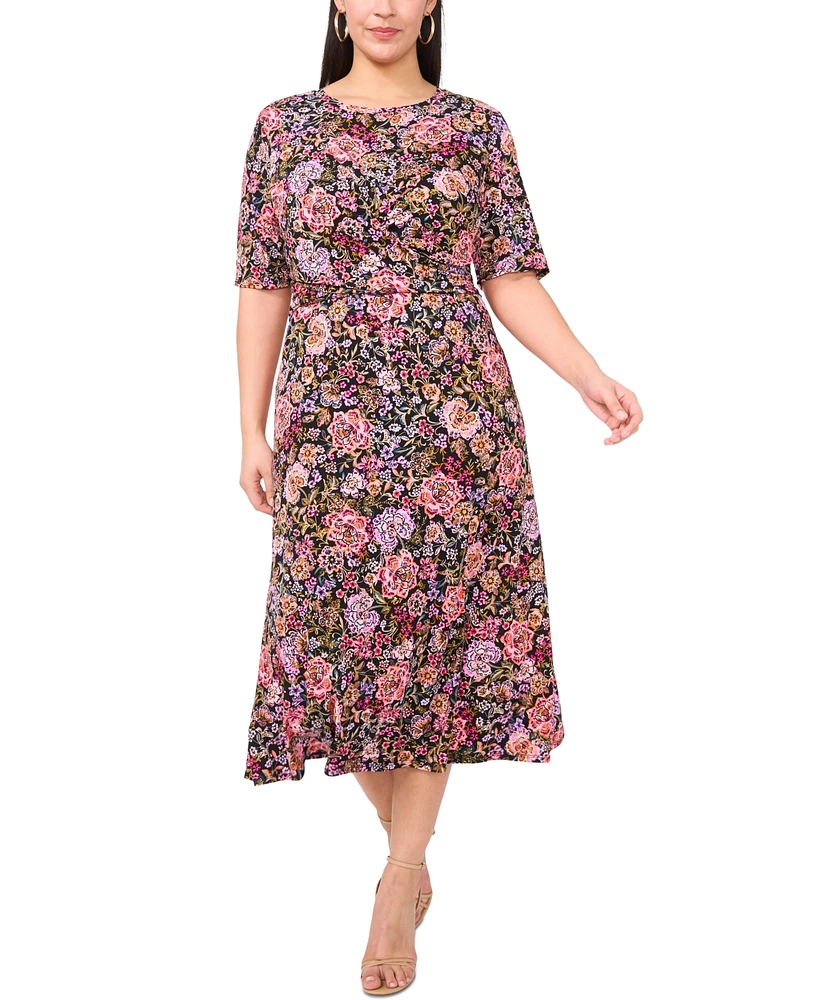 Msk Plus Printed Twist Elbow-Sleeve Midi Dress