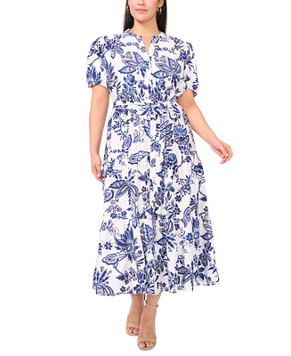 Msk Plus Printed Puff-Sleeve Midi Shirtdress