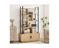 5 Tier Rattan Bookshelf with Storage Cabinet & Door, 71.1 Inch Tall Industrial Book Shelf with Open Display Shelves, 5 Shelf Bookcase with Metal Frame