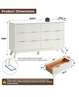 Fluted 6 Drawers Dresser, 54" Wide Modern Chest of Drawers with Faux Marble Top, Curved Profile Design, Dresser Tv Stand, Wood Drawer Organizer for Be