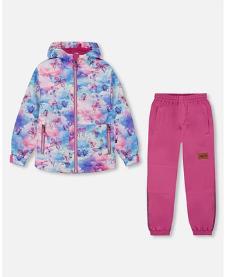 Deux par Toddler Girls Printed Jacket Two-Piece Mid-Season Outerwear Set Butterflies On Multicolored And Vibrant Pink Background