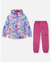 Deux par Toddler Girls Printed Jacket Two-Piece Mid-Season Outerwear Set Butterflies On Multicolored And Vibrant Pink Background