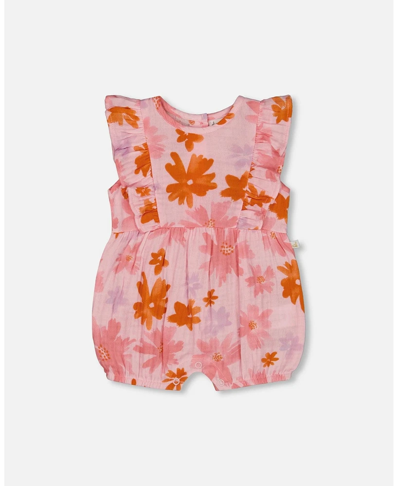 Deux par Baby Girls Printed Muslin Romper Pink And Coral Flowers