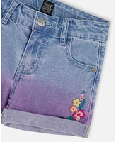 Deux par Big Girls Cuffed Denim Shorts With Embroidery Floral Jeans Blue