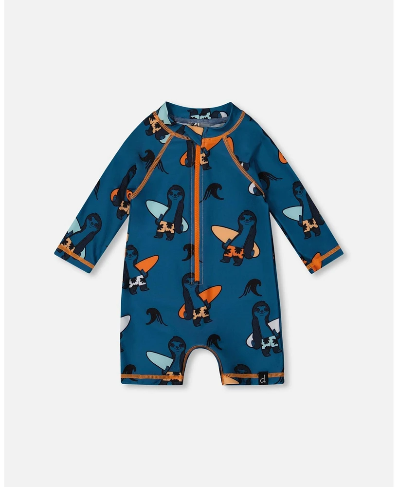 Deux par Baby Boys Printed Long Sleeve One-Piece Rashguard Orange Sloths On Navy Blue