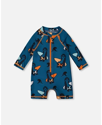 Deux par Baby Boys Printed Long Sleeve One-Piece Rashguard Orange Sloths On Navy Blue