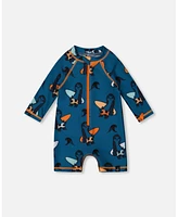 Deux par Baby Boys Printed Long Sleeve One-Piece Rashguard Orange Sloths On Navy Blue