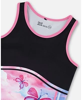 Deux par Girl Colorblock Athletic Tank Top Black With Butterflies Printed - Toddler|Child