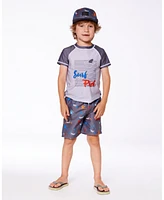 Deux par Boys Printed Boardshorts Orange, Red, And Blue Sharks On Gray