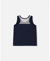 Deux par Big Girls Organic Cotton Tank Top Navy Blue And Toucan