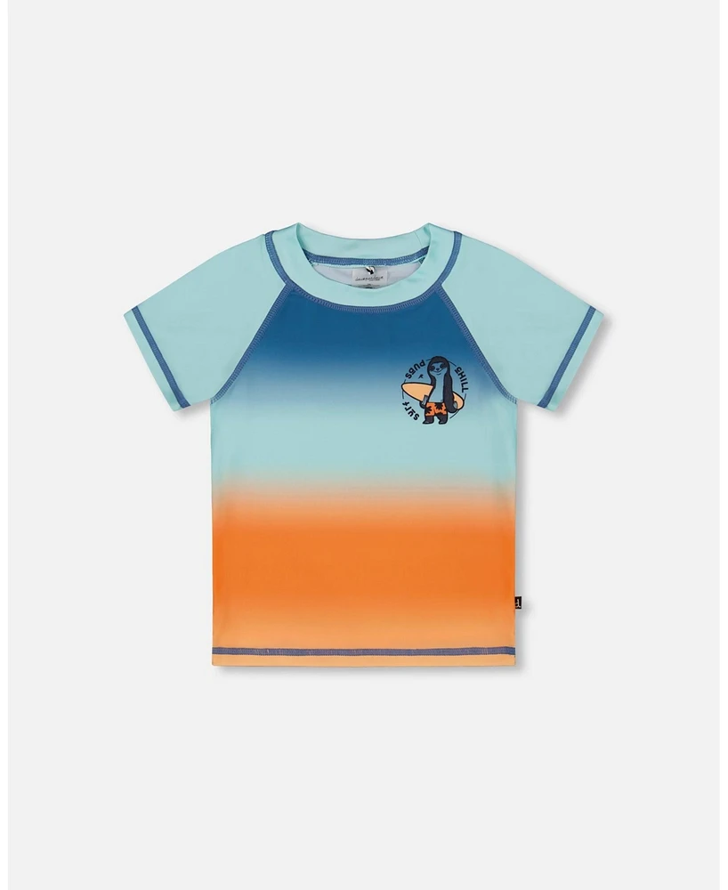 Deux par Boy Short Sleeve Rashguard Navy Blue, Turquoise, And Orange - Toddler|Child