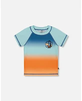 Deux par Boy Short Sleeve Rashguard Navy Blue, Turquoise, And Orange - Toddler|Child