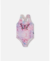 Deux par Girls Printed One-Piece Swimsuit Pink Butterflies With Bubble Effects