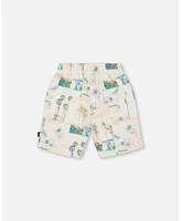 Deux par Big Boys Printed French Terry Short Beige Palm Tree And Teal