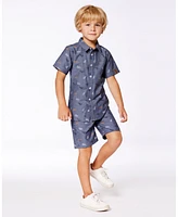 Deux par Big Boys Printed Chambray Short Gray, White And Tan