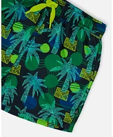 Deux par Boys Printed Swim Trunks Green Jungle On Black