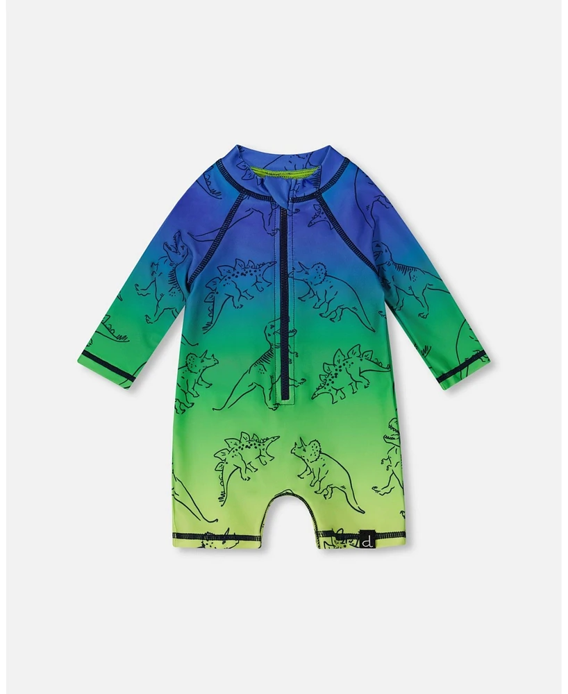 Deux par Baby Boys Printed Long Sleeve One-Piece Rashguard Vibrant Blue And Green Dino