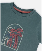 Deux par Toddler Boys Short Sleeve Organic Cotton Graphic Tee Teal And Dark Old Rose - Toddler|Child