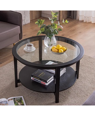 Rustic Round Coffee Table with Glass Top and Wooden Storage