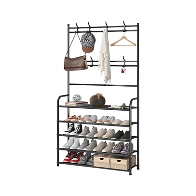 Simple Floor Standing Clothes and Hat Rack with Shoe Rack – Versatile and Practical Storage Solution