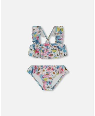 Deux par Girls Printed Two-Piece Swimsuit With Frills White, Pink, And Green Flowers