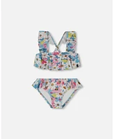 Deux par Girls Printed Two-Piece Swimsuit With Frills White, Pink, And Green Flowers