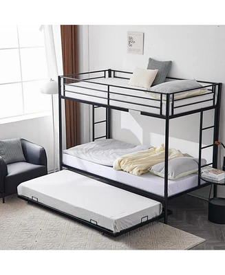 Heavy Duty Metal Bunk Bed with Trundle and Two Side Ladders