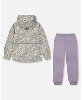 Deux par Toddler Girls Printed Jacket Two-Piece Mid-Season Outerwear Set Small White Flowers On Turquoise And Lilac. - Toddler|Child