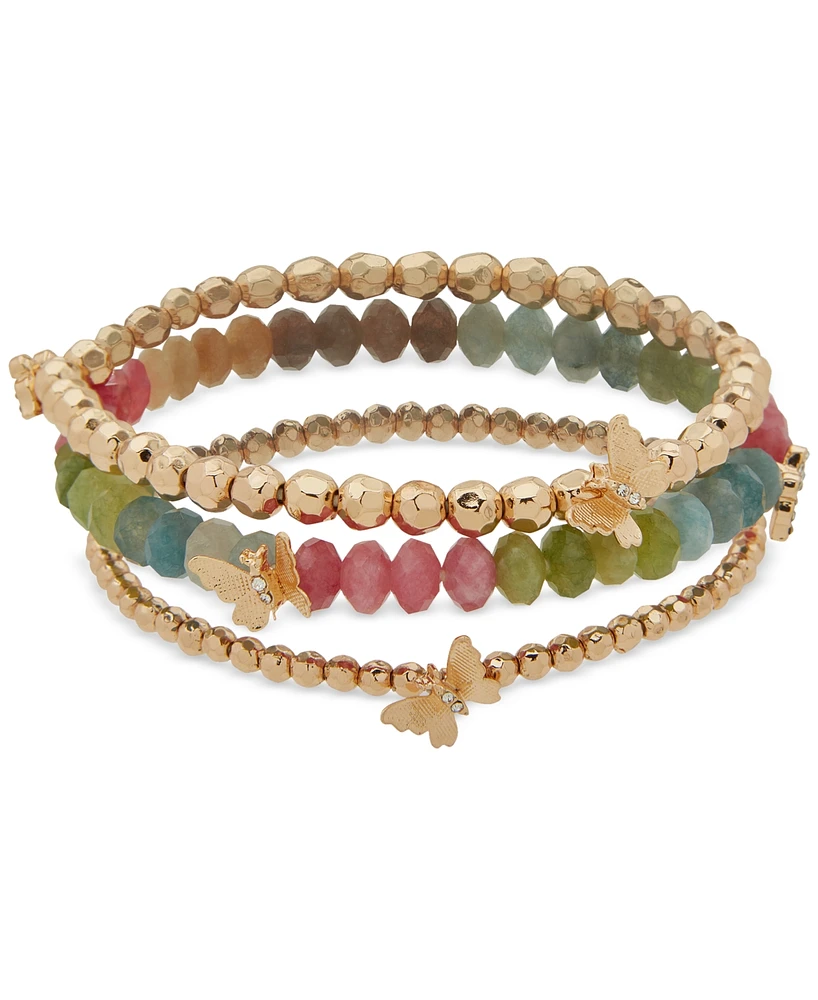 lonna & lilly Gold-Tone 3-Pc. Set Pave Butterfly & Stone Beaded Stretch Bracelets