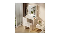 Small Size Left Bedside Cabinet Vanity Table + Cushioned Stool; Stylish and Functional Makeup Station with Led Mirror