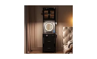 Small Vanity Desk with Mirror and Led Lights – Compact Makeup Table Charging Station, Storage Shelves