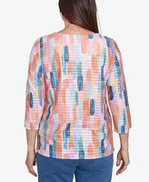 Alfred Dunner Women's Free Spirit Mini Ruffle Brushstroke Crew Neck Top