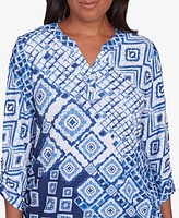 Alfred Dunner Women's Free Spirit Ikat Patched Geometric Top