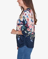 Alfred Dunner Women's Free Spirit Floral Knit Ruched Sleeve Top