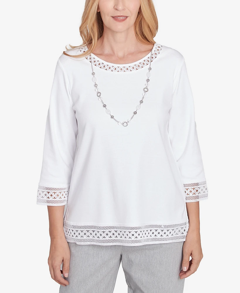 Alfred Dunner Women's Dress Code Solid Lace Trim Top with Necklace