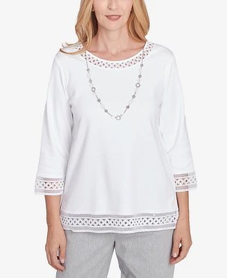 Alfred Dunner Women's Dress Code Solid Lace Trim Top with Necklace