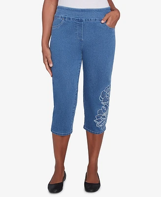 Alfred Dunner Women's Free Spirit Super Stretch Denim Floral Capri Pants