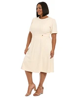 London Times Plus Crewneck Button-Tab Short-Sleeve Midi Dress